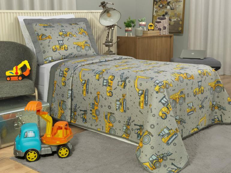 Kit: 1 Cobre-leito Solteiro Kids Bouti de Microfibra Ultrasonic Estampada + 1 Porta-travesseiro - Tratores Cinza - Dui Design