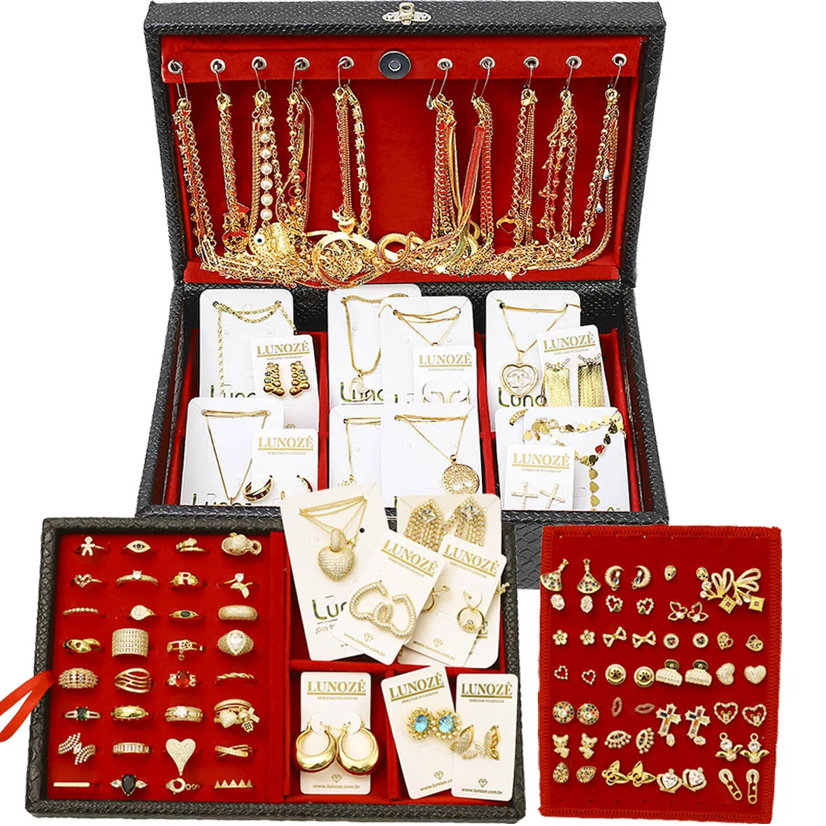 Kit Colecao Elegance Contendo 70 Pecas  Semijoias Folheadas Maleta Gold